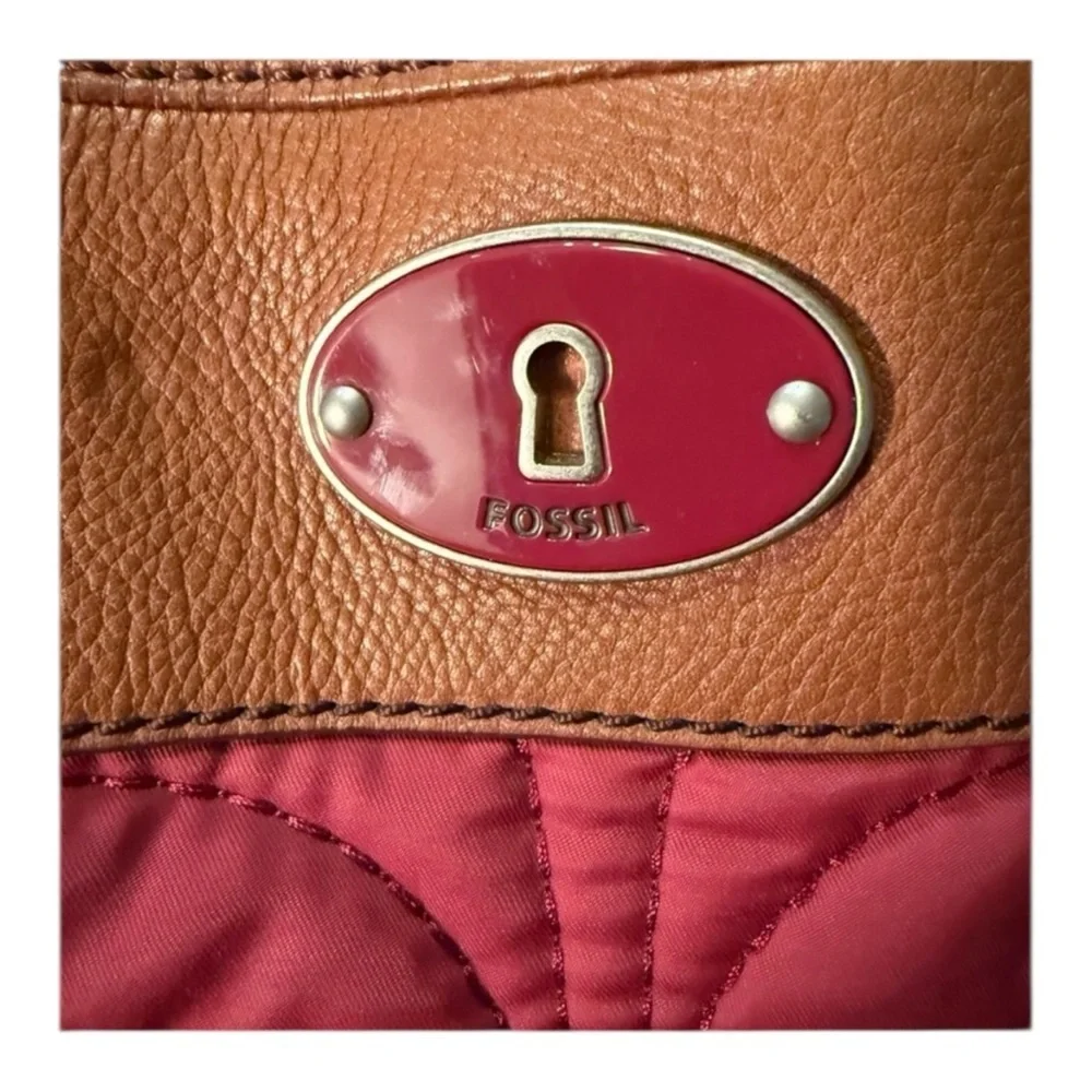 Fossil Red Floral Quilted Tote Bag Leather Trim Cottagecore Coquette